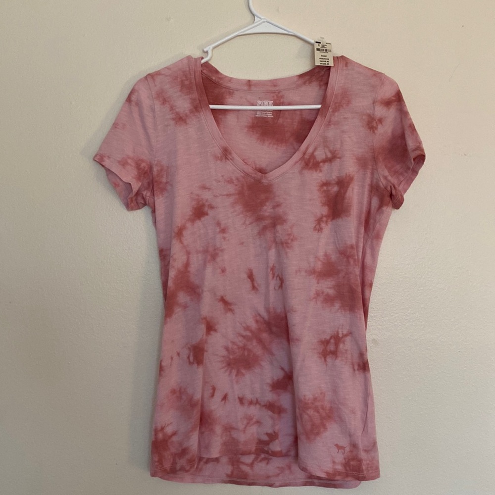 Pink tie-dye short sleeve v-neck shirt from PINK